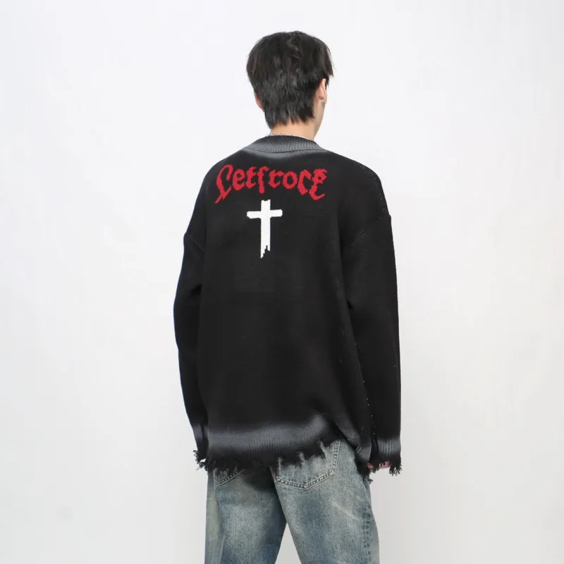 MWJLPWQ American High Street Design Sprühfarbe Herrenpullover Trendy Einreiher Casual Paar Lazy Style Strickoberteile 21116