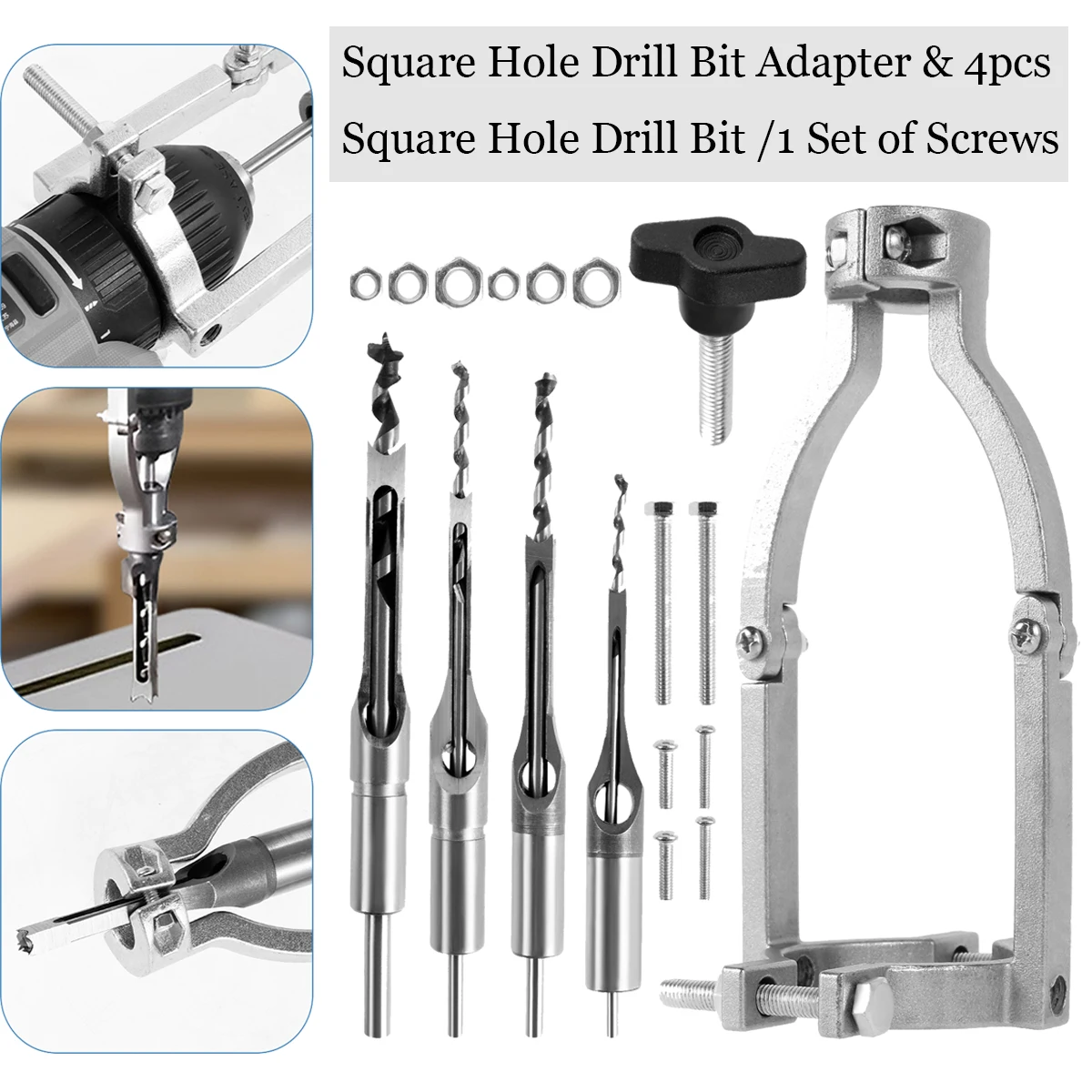 Adaptador de Broca de Furo Quadrado e Peças Conjunto de Broca de Furo Quare para Madeira Mortising Broca Imprensa Oco Cinzel Mortise Broca Ferramenta