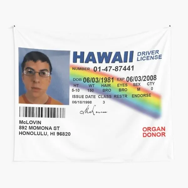 Superbad Fake Id License  Tapestry Living Mat Beautiful Hanging Home Yoga Travel Printed Room Wall Bedroom Bedspread Colored