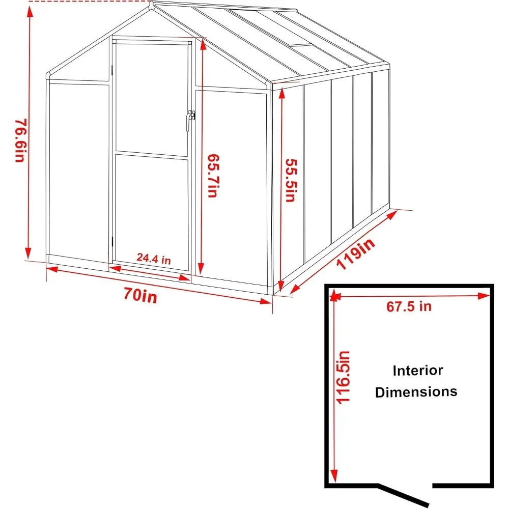 6'x 10' Greenhouse for Outdoor, Polycarbonate Greenhouse Heavy Duty, Aluminum Green House Kit for Winter Plants