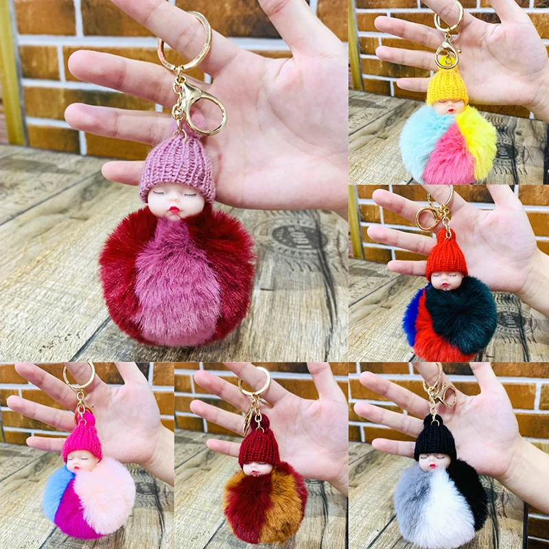 Pompom Sleeping Doll Keychain Tricolor Fluffy Plush Doll Pendant Women Girl Bags Keyrings Cars Key Decor Gift Charming Decor