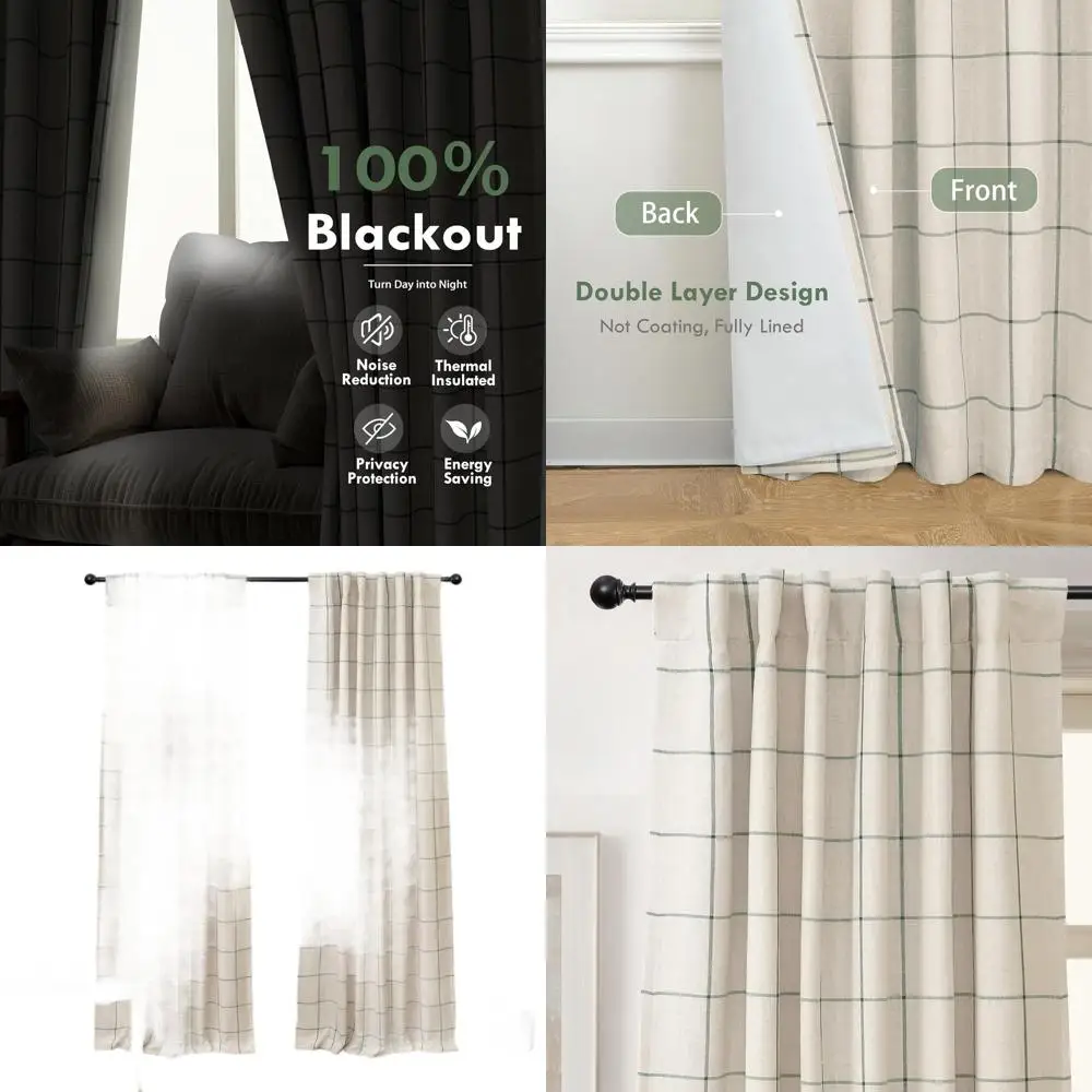 

Термоизолирующие двухслойные льняные шторы, длина 84 дюйма, в клетку в стиле фермерского дома, цвет лоден-зеленый