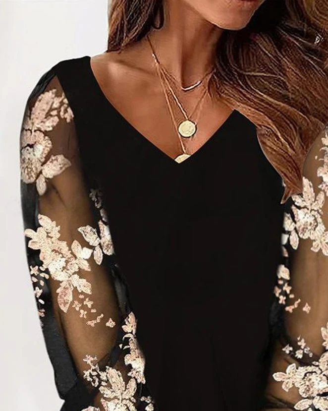 Women's Dresses 2023 Autumn Female Clothing Fashion Long Sleeve V-Neck Sequin Floral Mesh Patch Casual Mini Dress