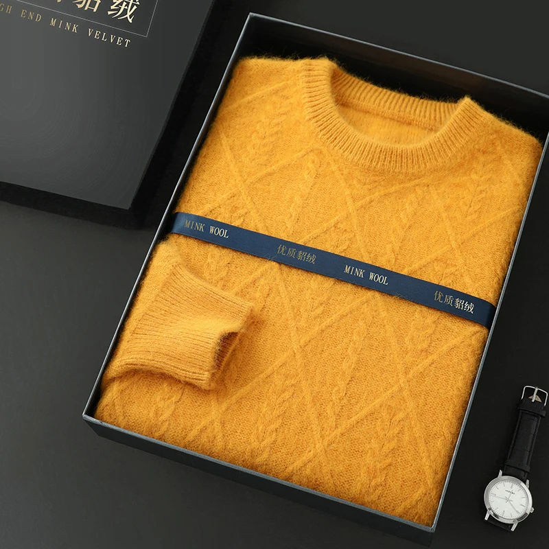 男性セーター 100% 純粋なミンクカシミヤ秋冬厚手ニットセーターカジュアルラウンドネックプルオーバー暖かいジャカード紳士服