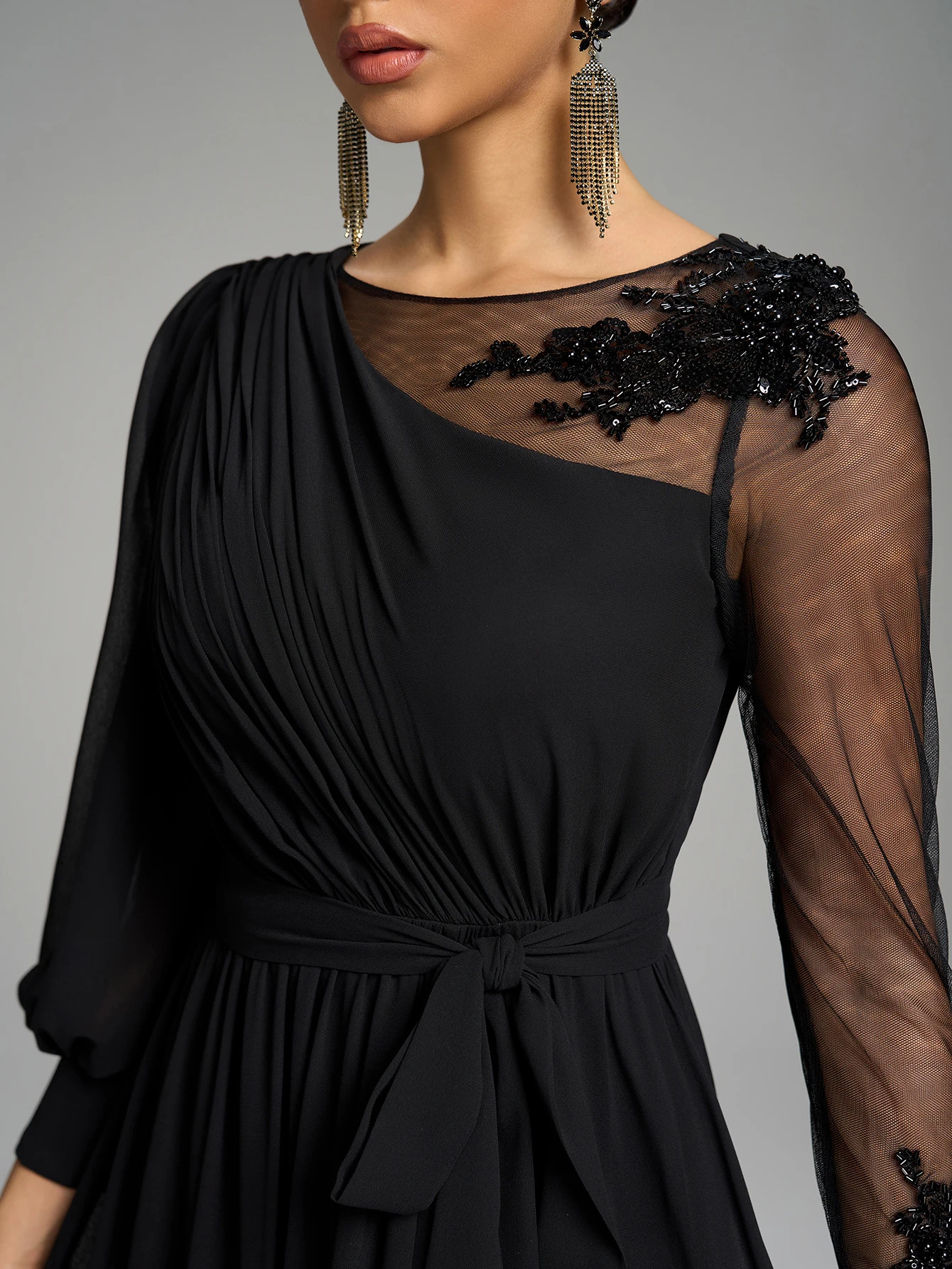 UNITHORSE جولة الرقبة غير المتكافئة فانوس كم الفاخرة حبة الربط مربوط الخصر الأسود أناقة مساء اللباس ثوب مسائي