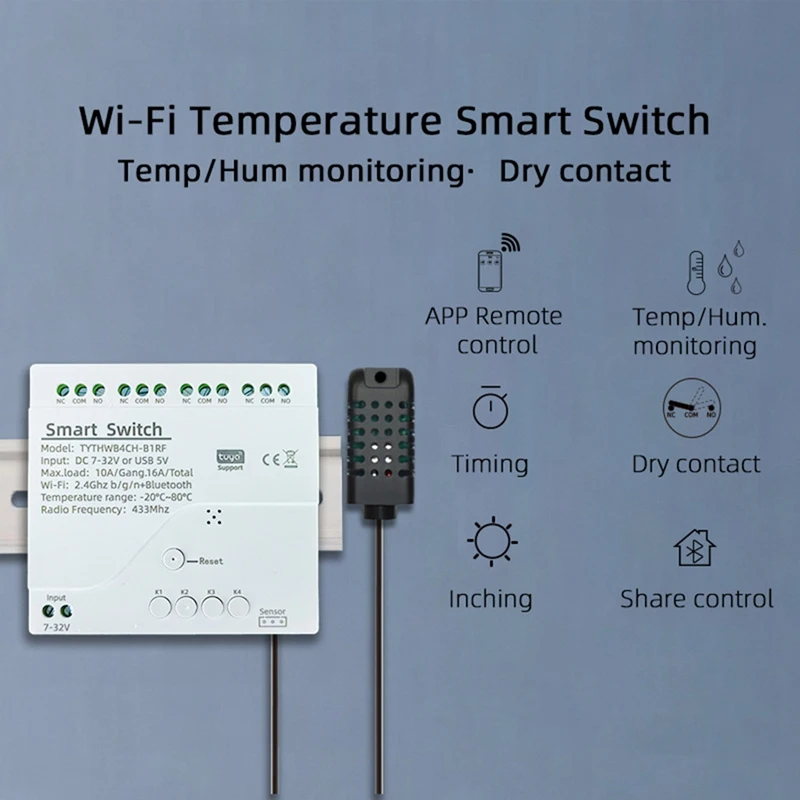 Tuya WiFi 4 Channel Smart Switch with Temperature Humidity Sensor Passive Dry Contact Switch for D-A32R