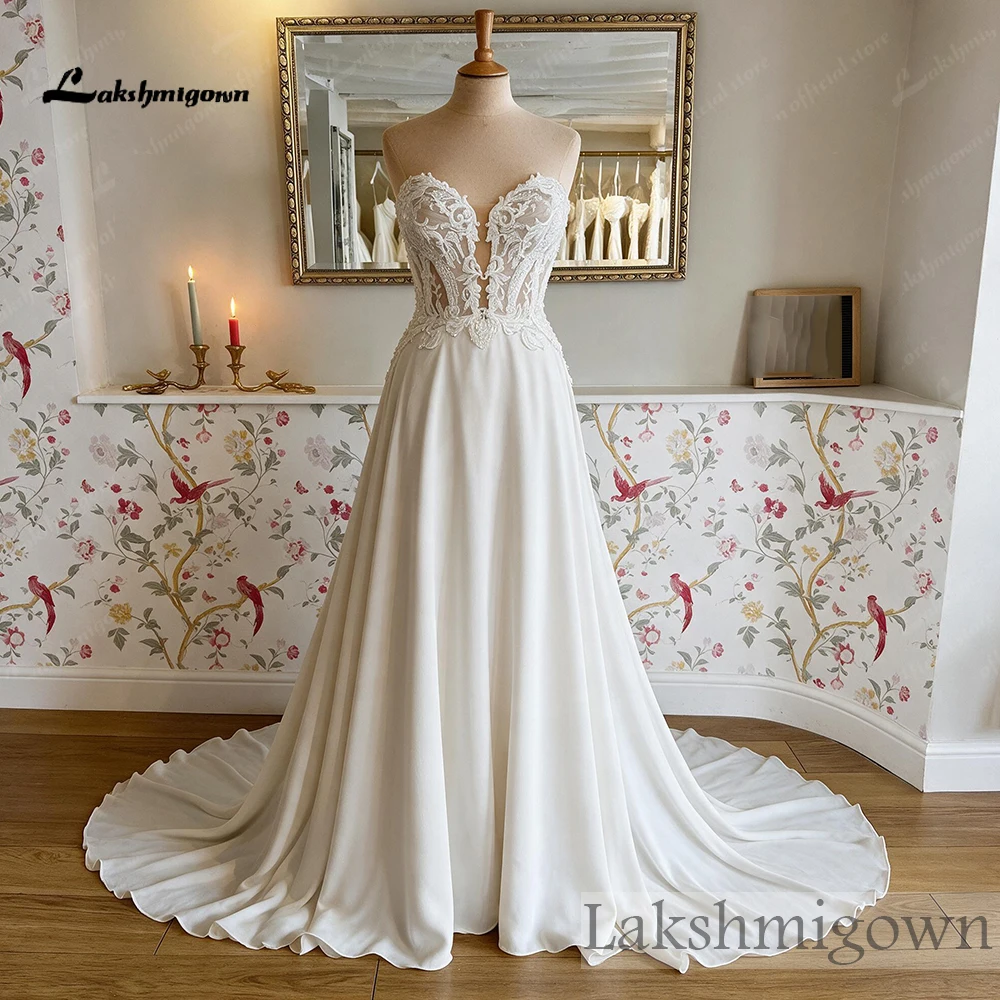 Lakshmigown Bohemian Trägerlose Hochzeitskleider Transparentes Korsett-Oberteil Perlenbesetzte Spitzenapplikationen Chiffon A-Linie Hochzeitskleider Maßanfertigung – Detail 5