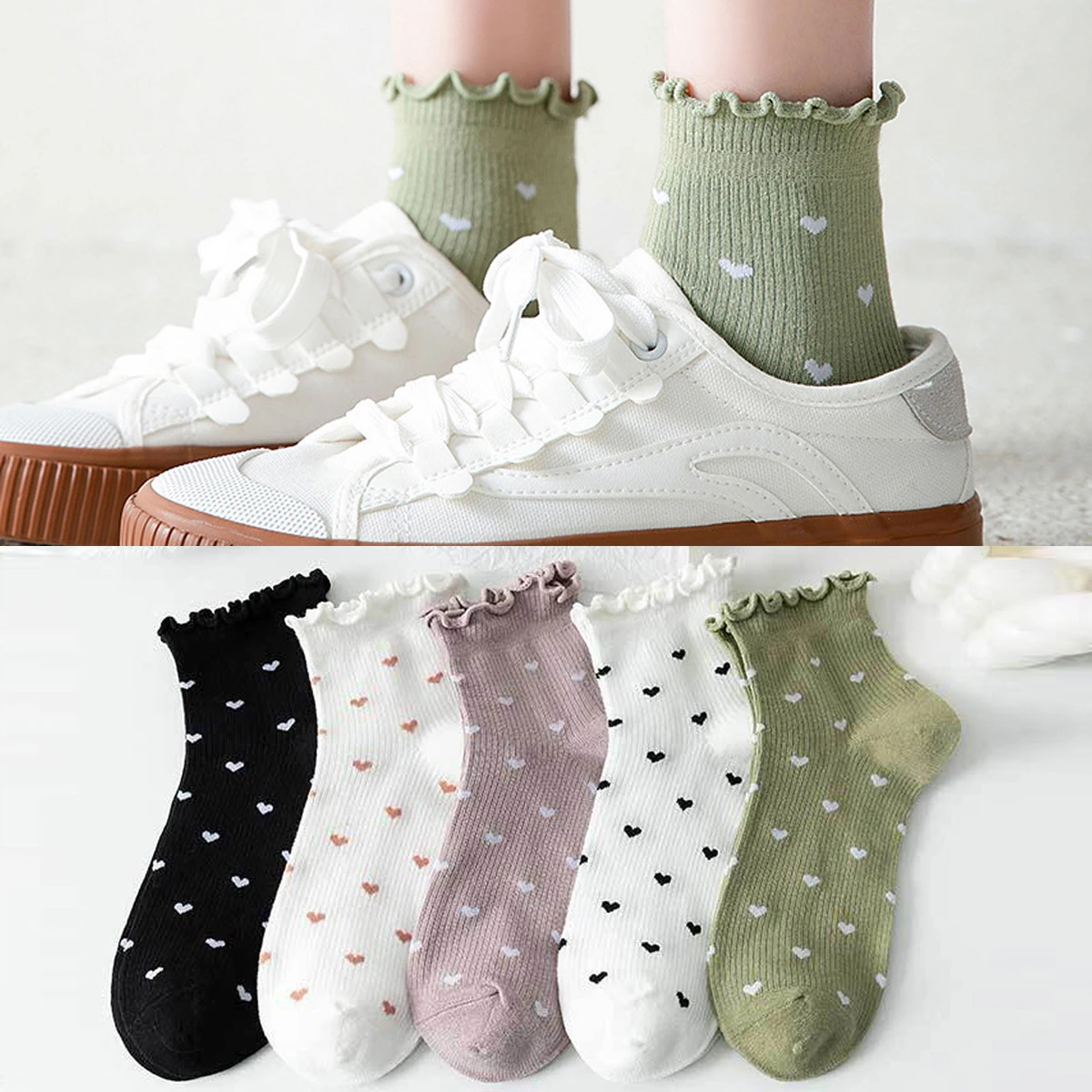 

5 Pairs Cute Love Heart Printed Women Socks Pack Japanese Simplicity Elegant Ladies Short Soft Breathable Socks