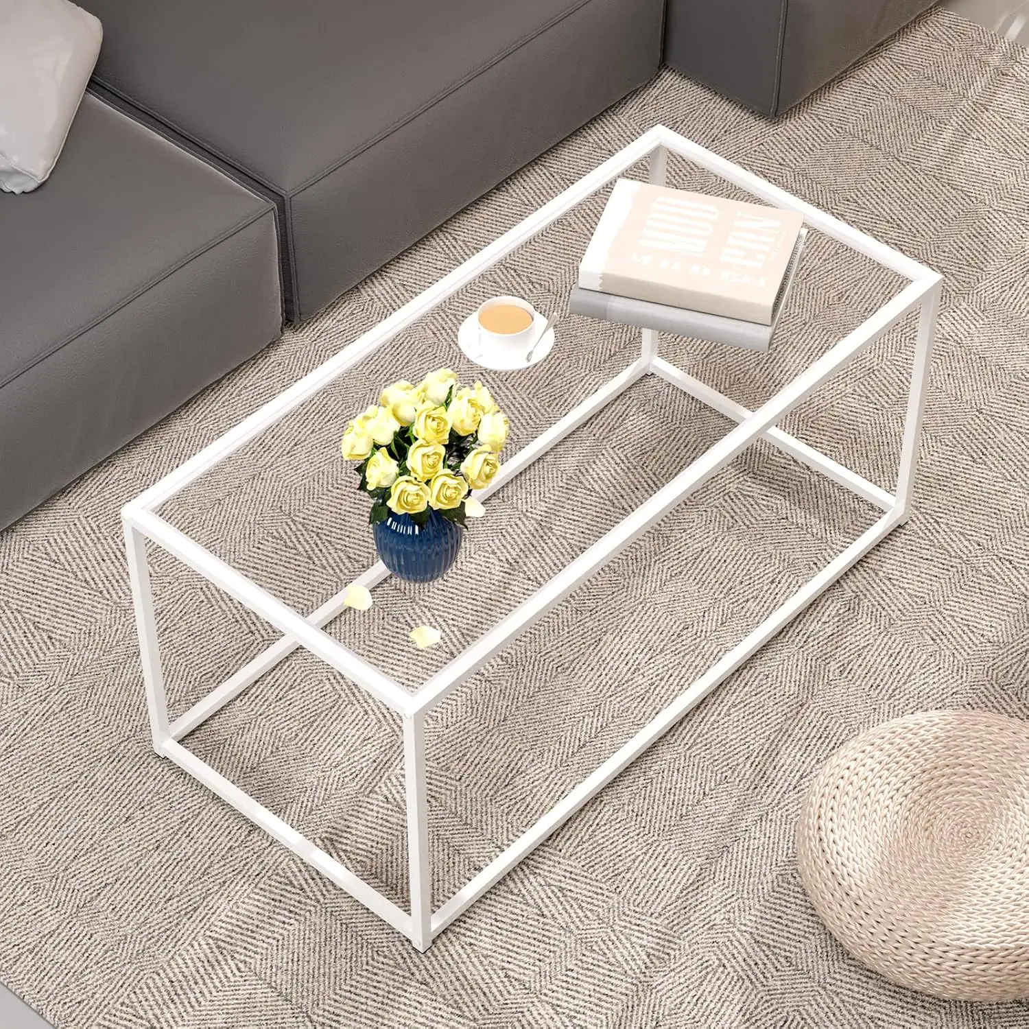 

Coffee Table Glass Center Table,Modern Minimalist Coffee Table For Living Room,Tempered Glass-Top With Sturdy Metal Frame, Easy