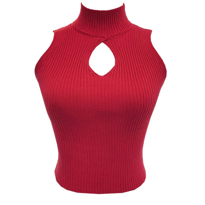 7590 Summer New Pure Desire Sexy Half Neck Hollow Out Ribbed High Waist Short Sleeveless Tank Top For Women