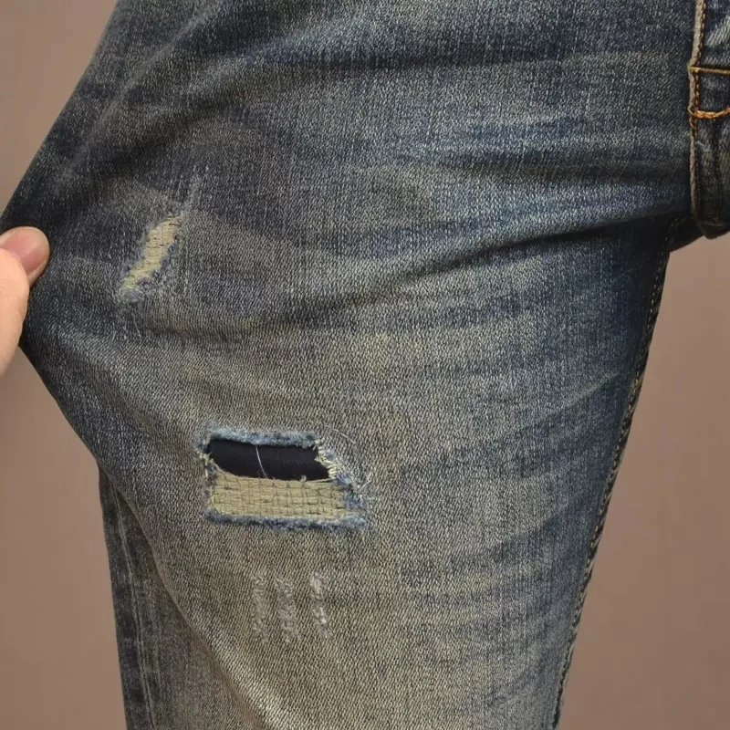 Streetwear Fashion Men Jeans Retro Blue Elastic Slim Trousers Hole Ripped Jeans Men Patched Designer Vintage Denim Pants Hombre