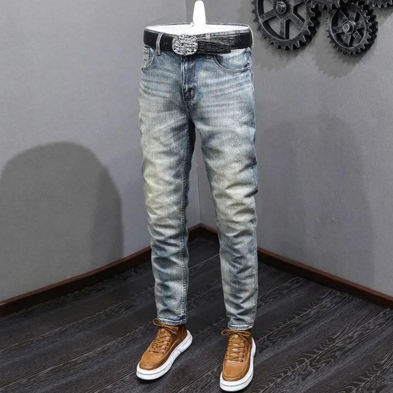 Fashion Designer Men Jeans High Quality Retro Washed Blue Elastic Stretch Slim Fit Ripped Jeans Men Vintage Denim Pants Hombre
