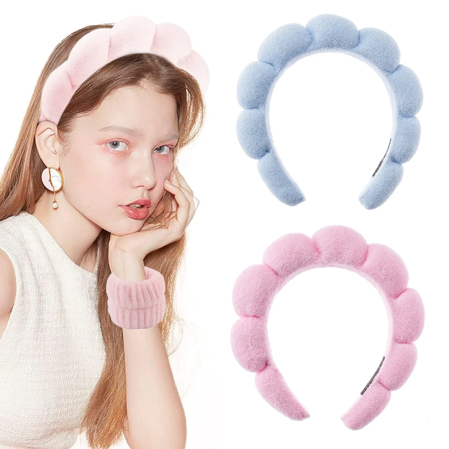 2024 Fashion Sponge Headband for Women Girls Puffy Hair Band Makeup Bubble Retro Terry Cloth Headbands Hair Accessories Headwear