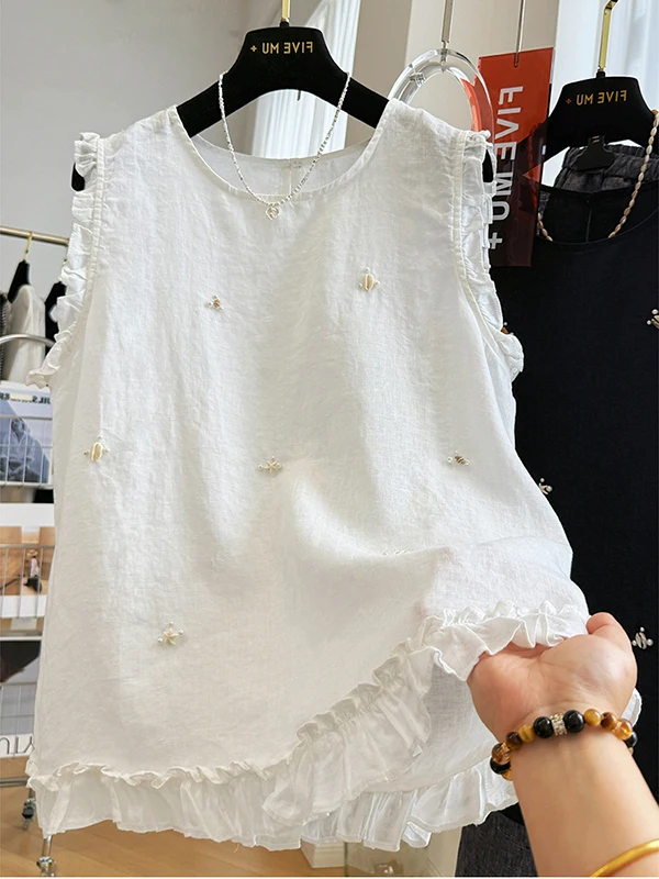 

Ladies Cotton Linen Shirt Summer 2026 New Thin High-End Feeling Sleeveless Top Small Shirt Short Sleeve Blouse Korean Style C...