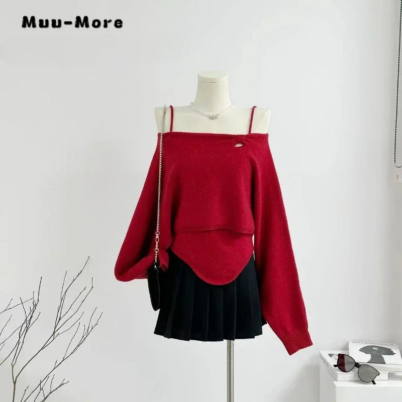 Women's Vintage Elegant Knitting Long Sleeve Suspender Pullovers 2023 Winter Fashion Slash Neck Solid Ladies Sheath Red Sweater