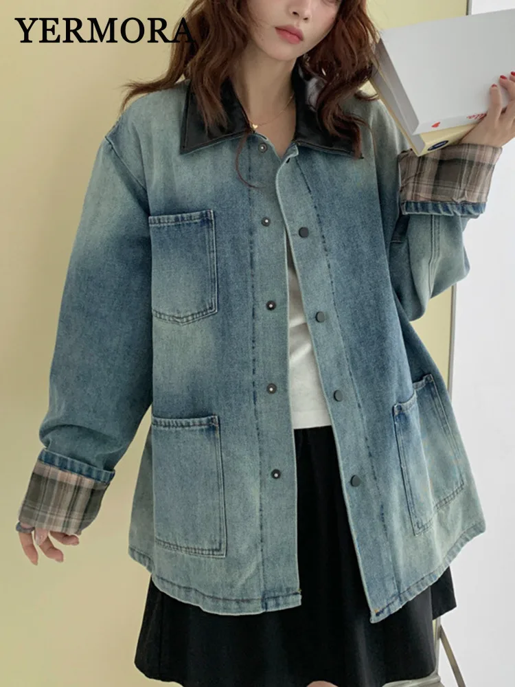 

YERMORA Bleu Button Pockets Denim Casual Jacket For Woemn Lapel Long Sleeve Loose New Coat Fashion Tide Spring Autumn 2025