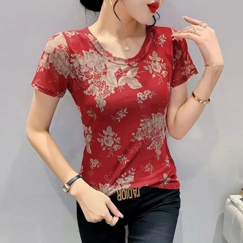 Women Vintage Floral Print Round Neck Slim Ice Silk Basic T-shirt Summer Korean Fashion Short Sleeve Elegant Tops Ropa De Mujer