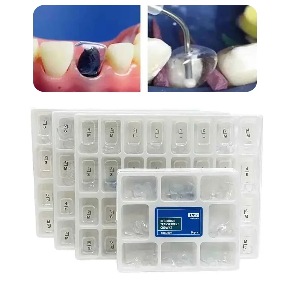 64Pcs/box Temporary Preformed Crowns Dental Transparent Crowns Adult Kids Teeth Crown Anterior Posterior Molar Tooth Whitening