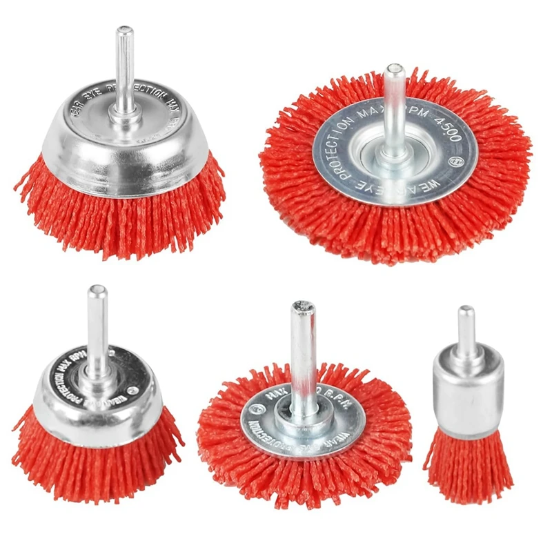 

5 PCS Nylon Filament Abrasive Wire Brush Wheel & Cup Brush Set With 1/4Inch Drill Shank, Nylon Drill Brush Set , Red