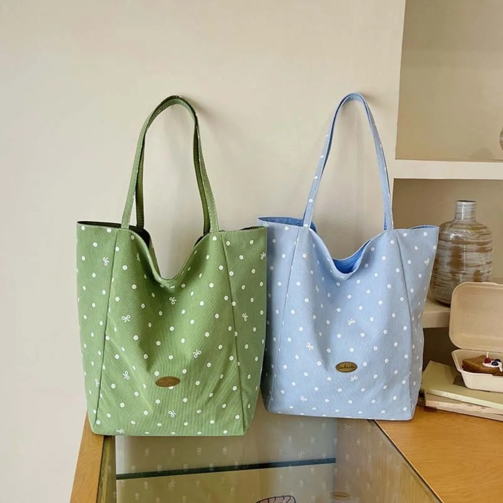 Lightweight Polka Dot Tote Foldable Soft Fabric Canvas Shoulder Bag Pastel Colors Inner Pocket Double-sided Cloth Handbag