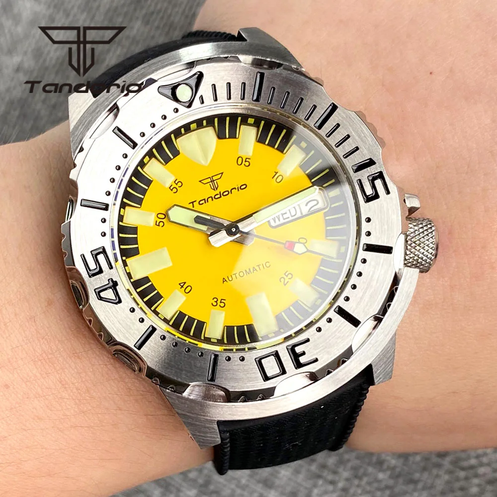 

Tandorio NH36A 42mm Monster Style 20Bar Dive Automatic Watch for Men Luminous Dial AR Sapphire Glass Week Date Display Rubber