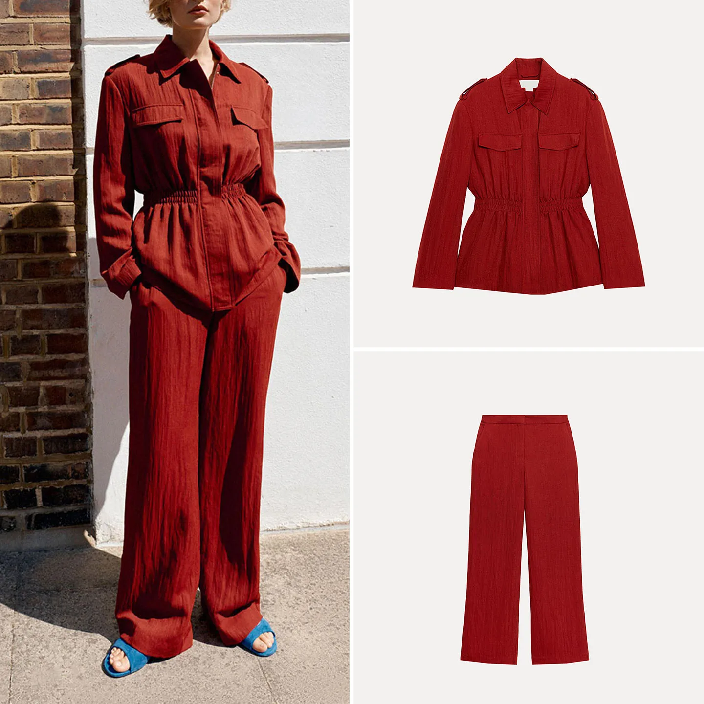 Women's Fashion Long Sleeve Turn-down Collar Padded Shoulder Hunting Style Coat 8372376 with Vertical Long Pants 8372276
