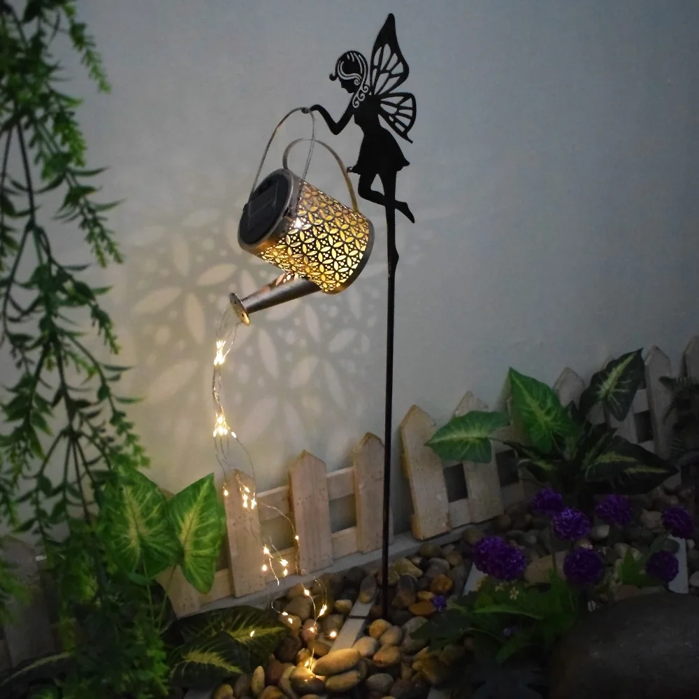 Outdoor Solar Powered Angel Water Can Lamp Hollow Cutout Star Projector Auto Dusk To Dawn Garden Lawn Decorative Light