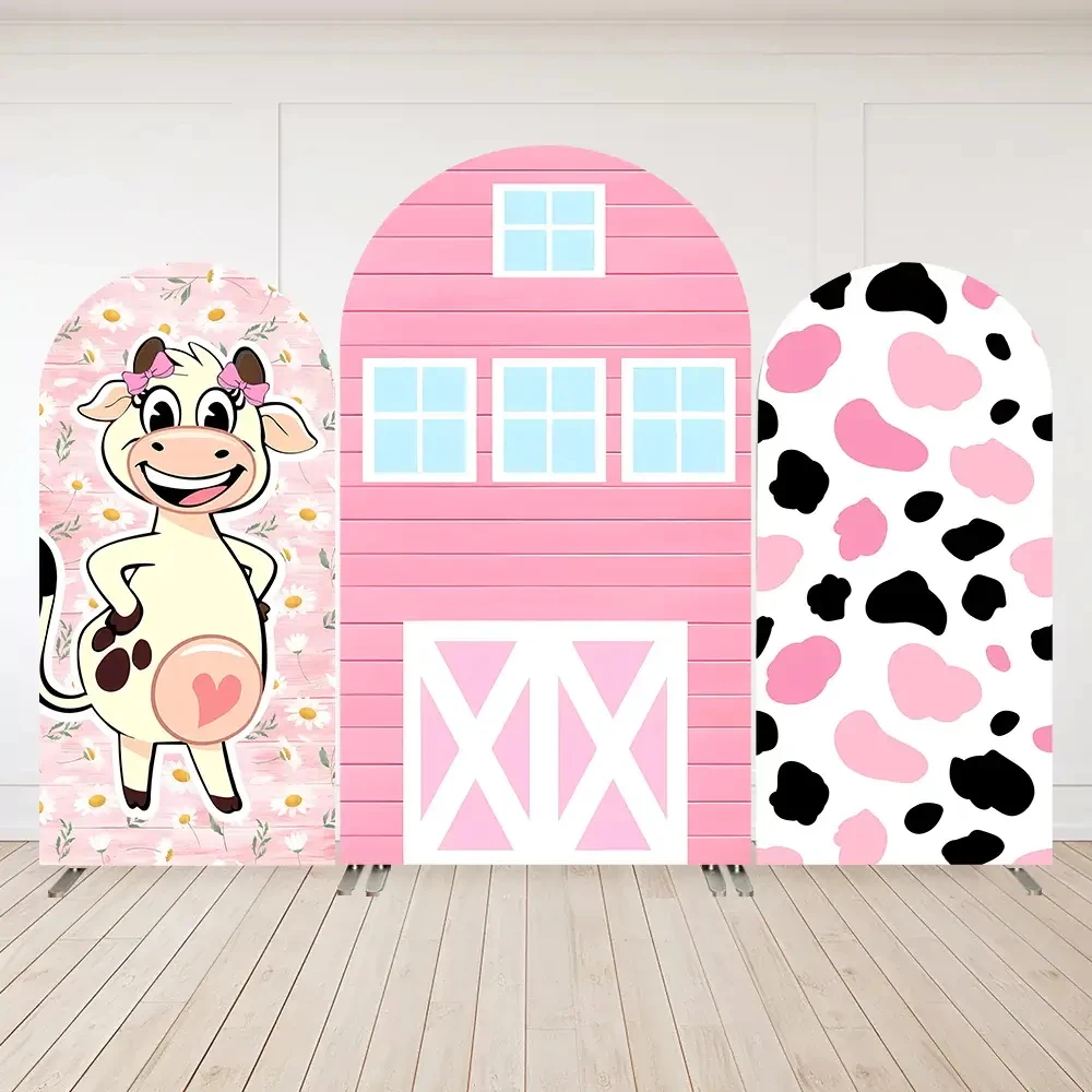 Cow Themed Arched Party Background Farm Pink Barn Cow Print Baby Shower Backdrop Daisy Custom 2-sided Cover Decorations