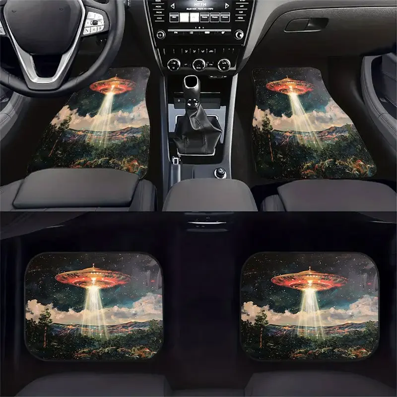 4pcs UFO Flying Saucer Car Floor Mats - Full Coverage Crystal Velvet Vehicle Floor Liners, Anti-Slip Alien-Themed Interior Suita