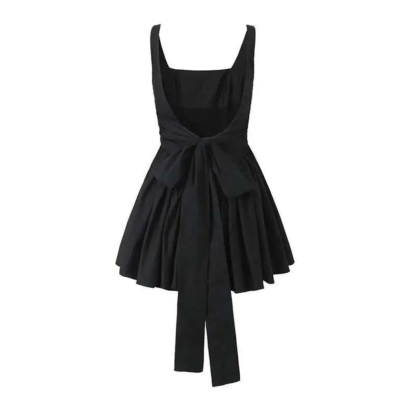 BabYoung فساتين نسائية صيفية مثيرة بدون ظهر بفيونكة قصيرة بدون أكمام وخصر منخفض مطوي سوينغ لحفلات الأعياد رداء أسود وأبيض ووردي