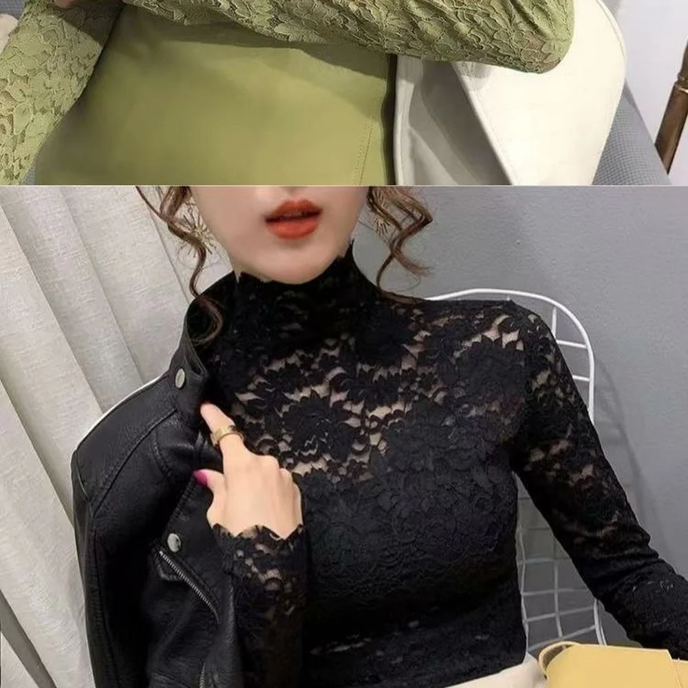 Women Elegant Lace Top Long Sleeve Mock Neck Slim Fit Base Layer Breathable Stretchy Fabric Casual Daily Wear Shirt