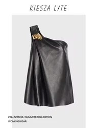 Fashion Street Black High quality Leather Top with Single Shoulder Strap Metal decoration design PU Tops for Women 2024 Summer