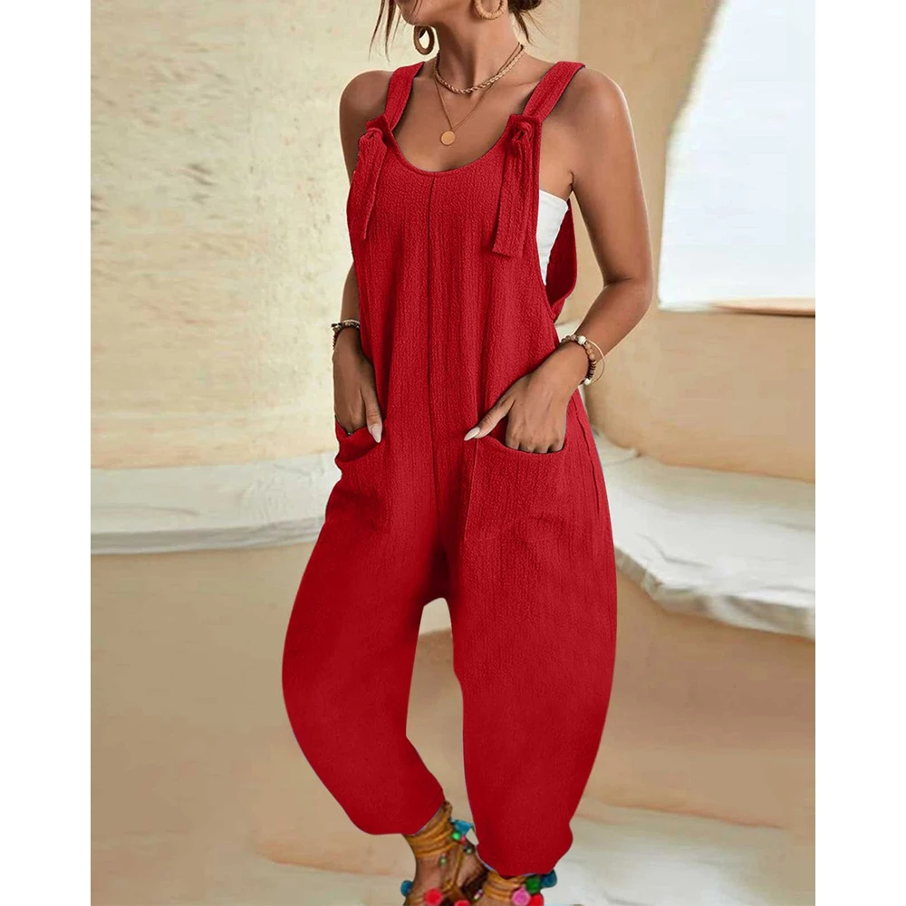 

Women Adjustable Wide Strap Outfits Suspender Jumpsuits Casual Pocket Design Solid Overalls Loose Jumpsuit 2024 Summer Clothing