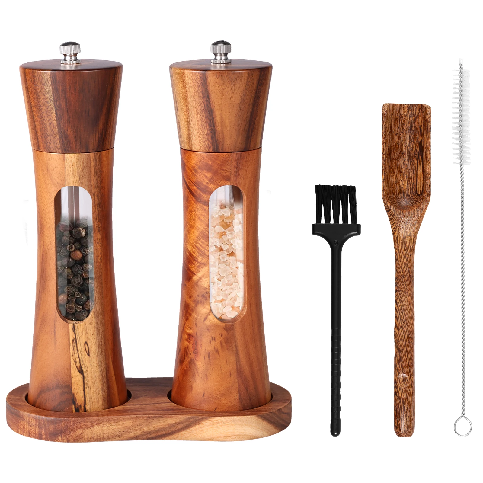 

2Pcs Wood Salt and Pepper Grinder Set Adjustable Coarseness Salt and Pepper Mill with Brush and Spoon for Home Kitchen Dining