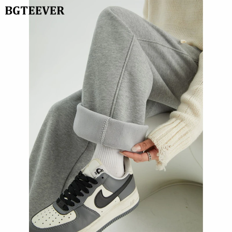 BGTEEVER Autumn Winter Thicken Velvet Women Pants High Waist Drawstring Pockets Warm Female Trousers