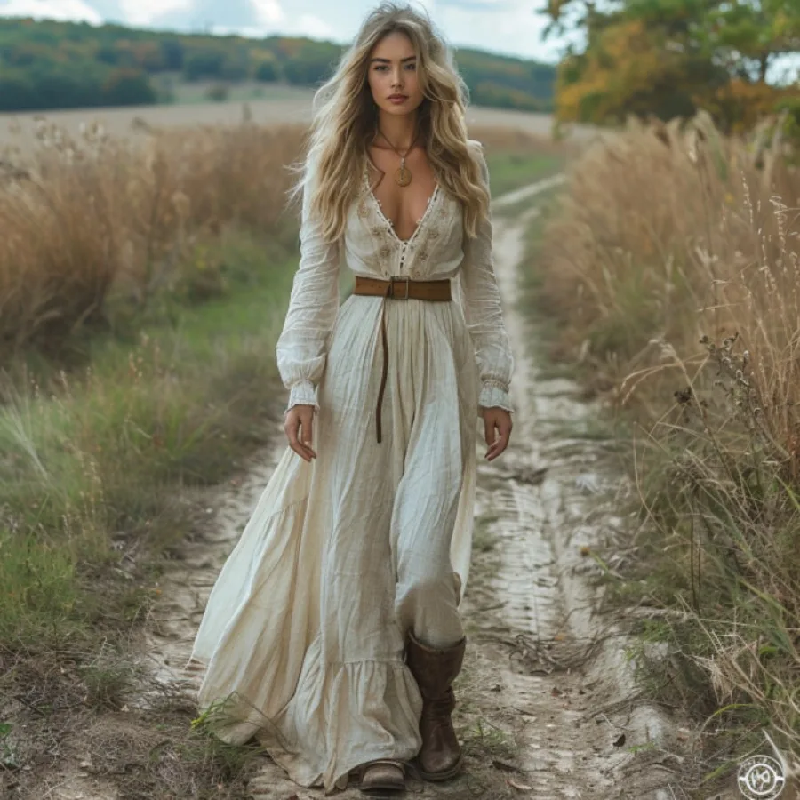 

Европейское и американское платье в новом ретро-пасторальном стиле с V-образным вырезом, длинными рукавами и длинной юбкой для отпуска.