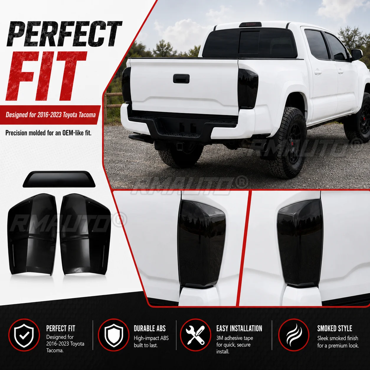 Smoked Tail Light Covers 3PCS Rear Lamp Protector Trim For Toyota Tacoma 2016-2023 Exterior Accessories