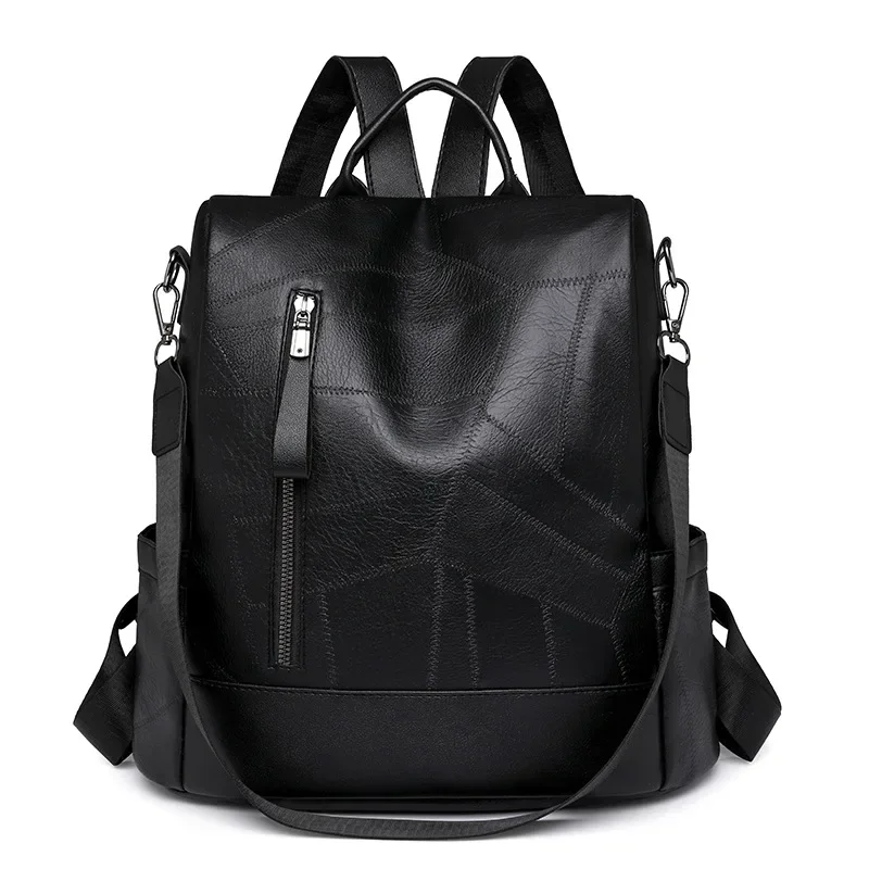 

Vintage Black Leather Backpack for Women Soft PU Crossbody Shoulder Bag Anti-Theft Travel Work Bag Ladies Simple Tote Backpack