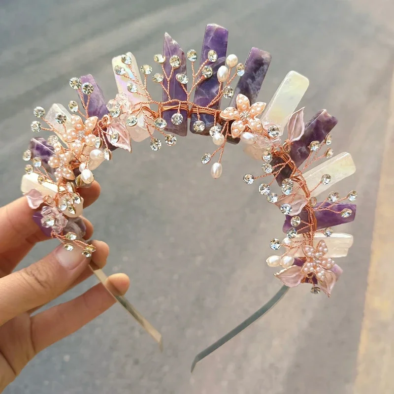 Women Raw Quartz Crystal Pageant Crown Cosplay Hair Accessories Natural Stones with Flower Pearl Women Hairband