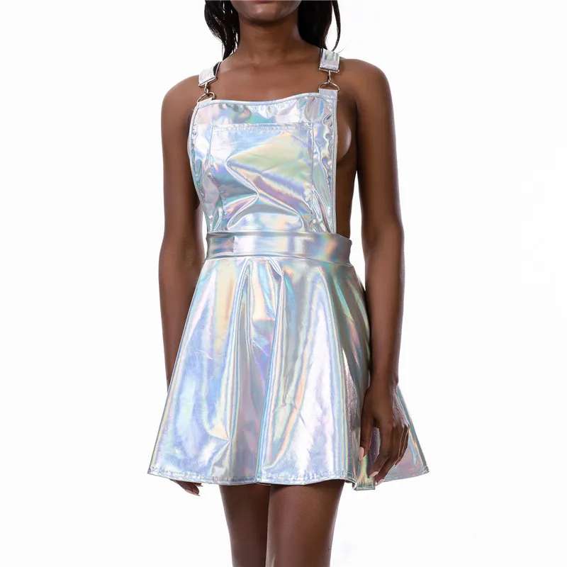 Glitter Laser Holographic A-Line Dress Women Backless Criss Cross Buckle Strap Wet Look 2021 Fall Fashion Sexy Mini Dresses