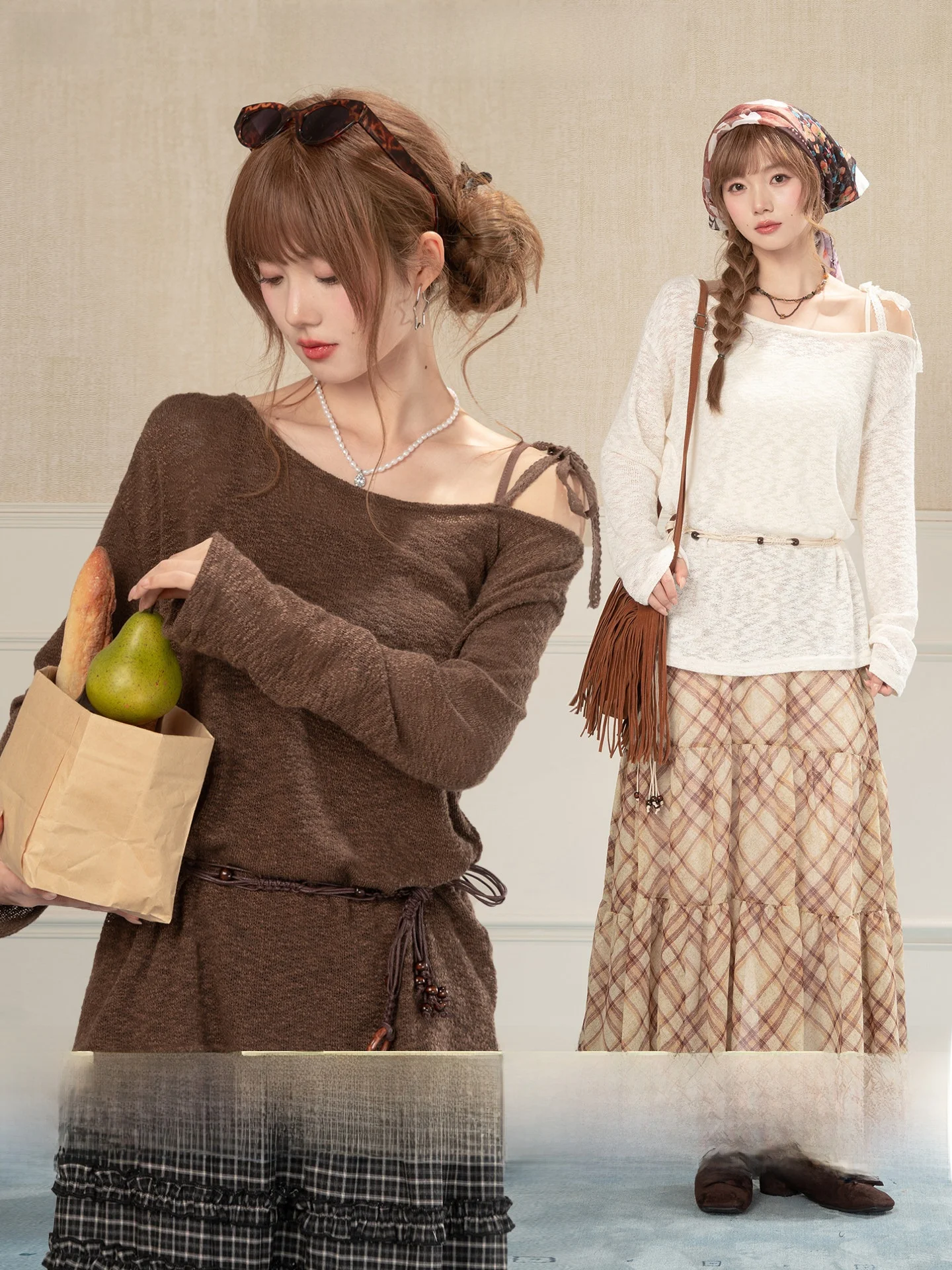

Heynew Cherry Blossom Color Shoulder Bared Long Sleeve T Shirt Women's Spring Inner Wear Tank Top Two Piece Set Casual Style ...