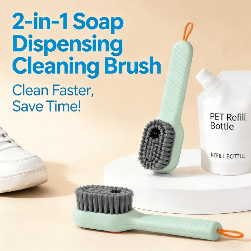 1Pc Fashion Multifunction Shoe Brush Soft Bristle Push Type Auto Soap Dispensing Leak-proof Built-in Hanging Lanyard for Clothes