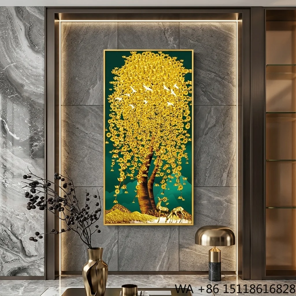 Aluminum Frame Inkjet Printed Tree of Life Crystal Porcelain Painting Gold Leaf Wall Art Decorative Panel Living Room