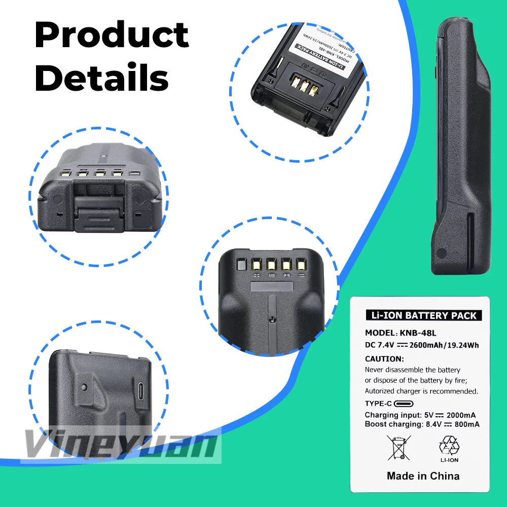 KNB-48L 2600mAh Type-C USB Li-ion Battery for Kenwood TK-5220 TK-5320 NX-300 NX-300G NX-300S NX-200 NX-200G NX-200S NX-300