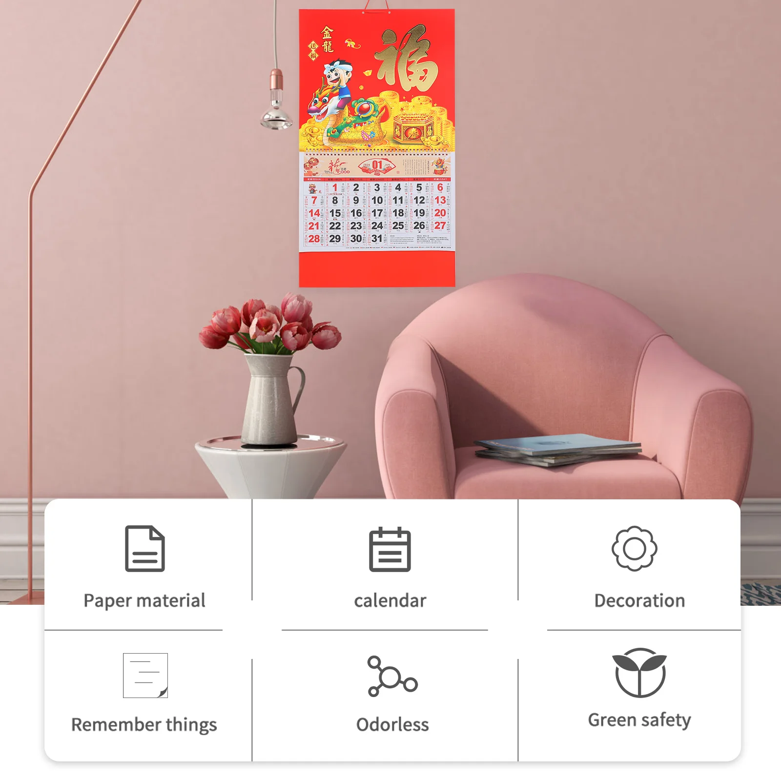 

2024 Dragon Year Hanging Calendar Fu Character Lunar Date Wall Planner Home Office Accessory Clear Printed Monthly Schedule