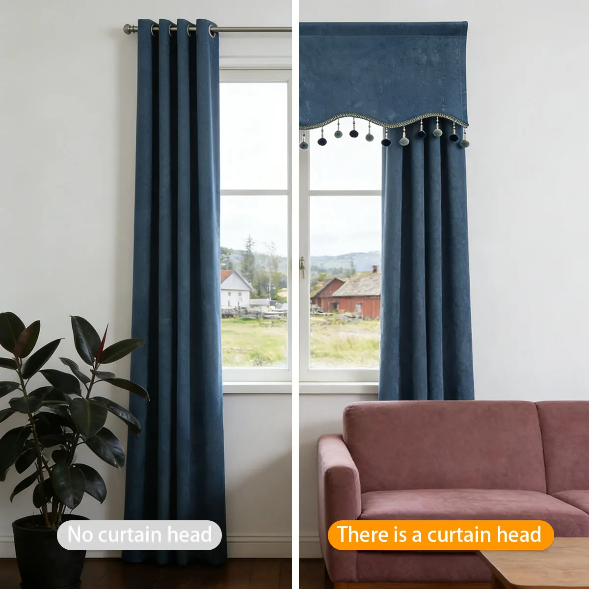 1 Piece Haze Blue Velvet Pom-pom Tassel Window Valance, French Retro Luxury Style, Wave Edge Curtain Valance for Curtain Track C
