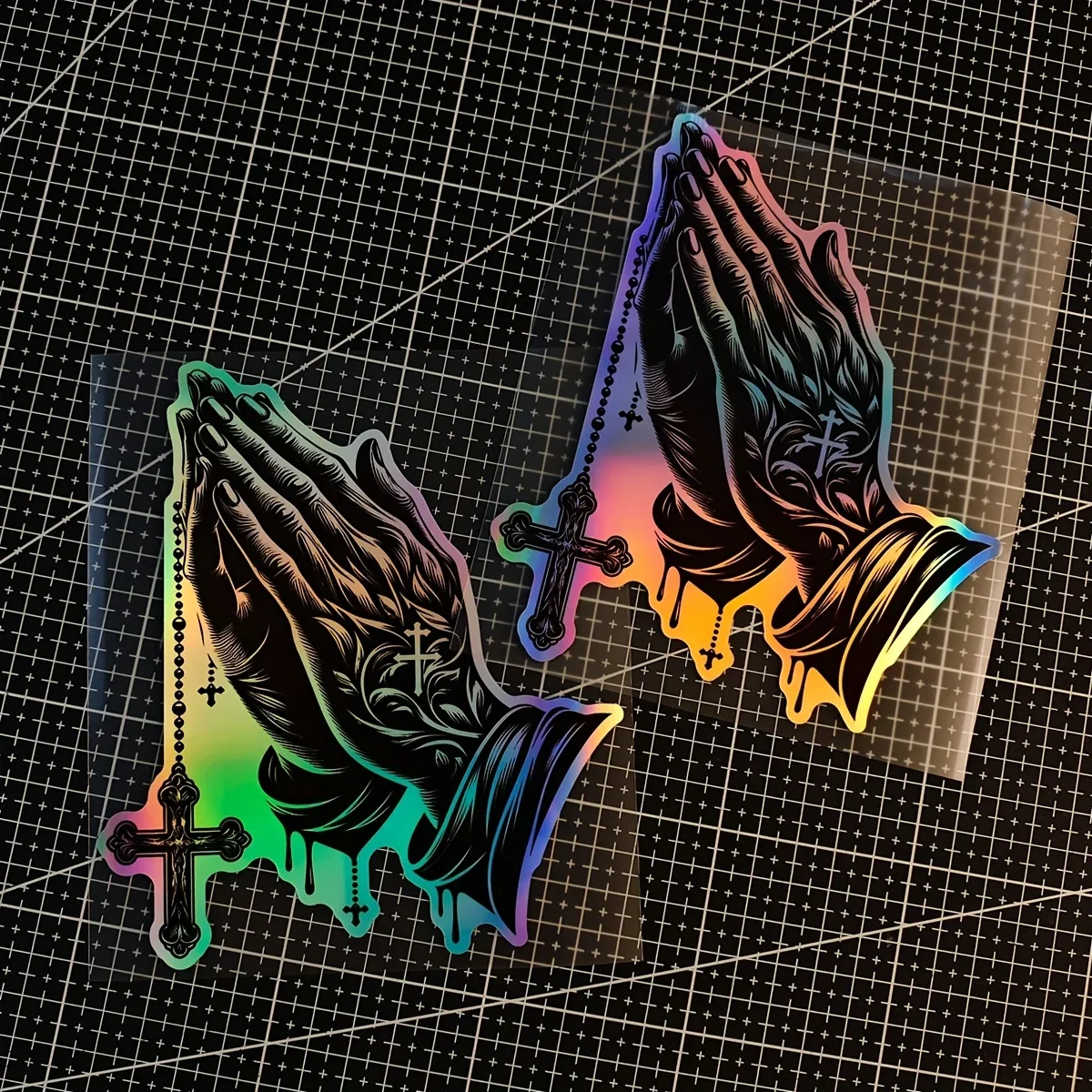 1pc holográfico "manos orando e cruz" adesivo para carro motocicleta temático religioso decoração estilo acessório
