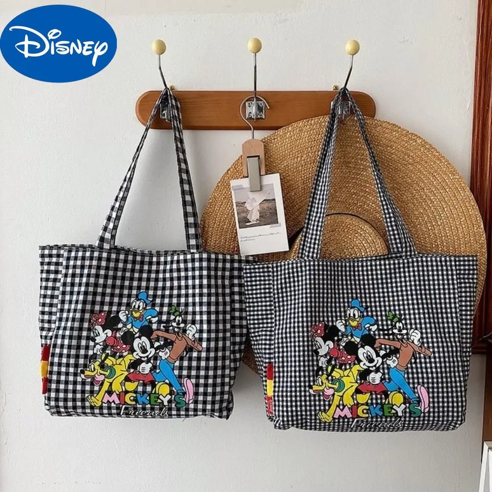 

MINISO Disney Large Plaid Bag Shoulder Bag Mickey Family Large Capacity Girls Bag Student Bag Versatile Shoulder Bag