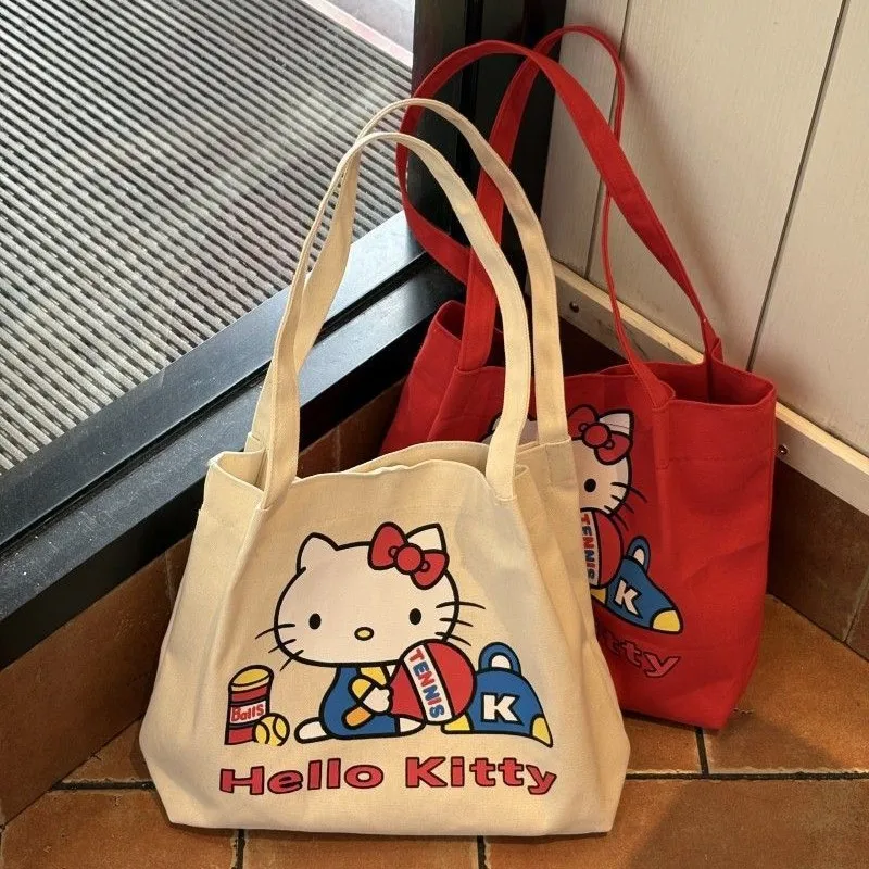 

Холщовая сумка Sanrio Hello Kitty, большая вместительная сумка на плечо, милая сумка-тоут с героями мультфильмов, сумка для поездок на работу, подарок для девочек