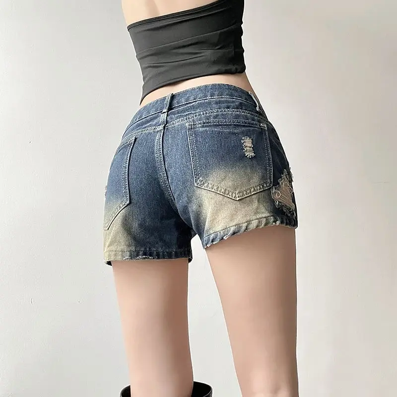 Denim Shorts Raw Edges Ripped Holes Low-Waisted Slim-Fitting American Hottie Washed Women'S Ultra-Short Hot Pants